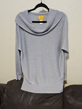 Ruby Rd. Silver Shimmer Cowl Neck Sweater with Embellished Shoulders